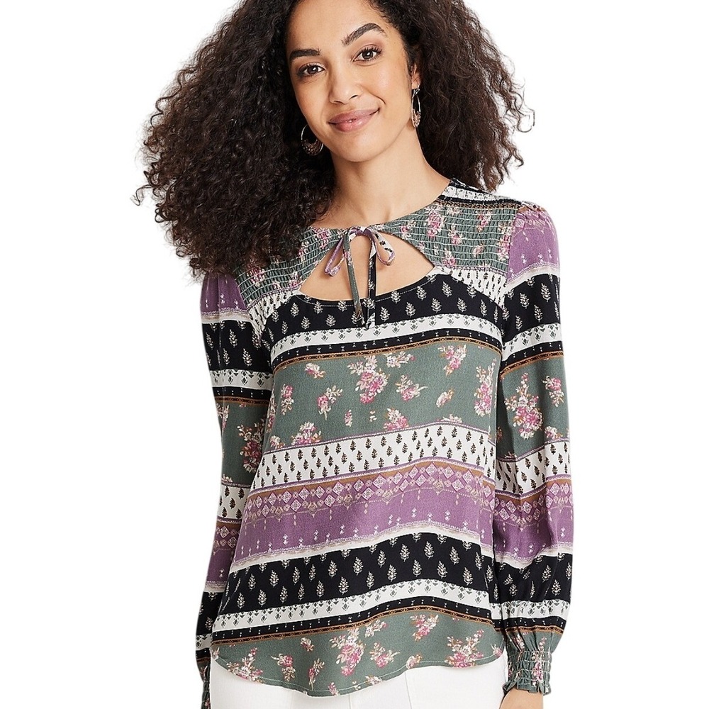 Maurices Women Patchwork Peasant Blouse Keyhole Smocked Floral Boho Top Size 1X